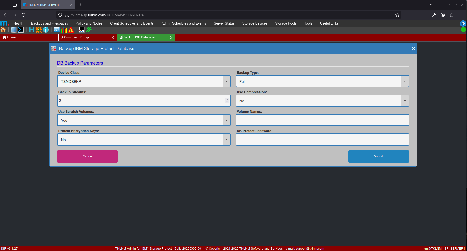 Storage Protect database backup wizard