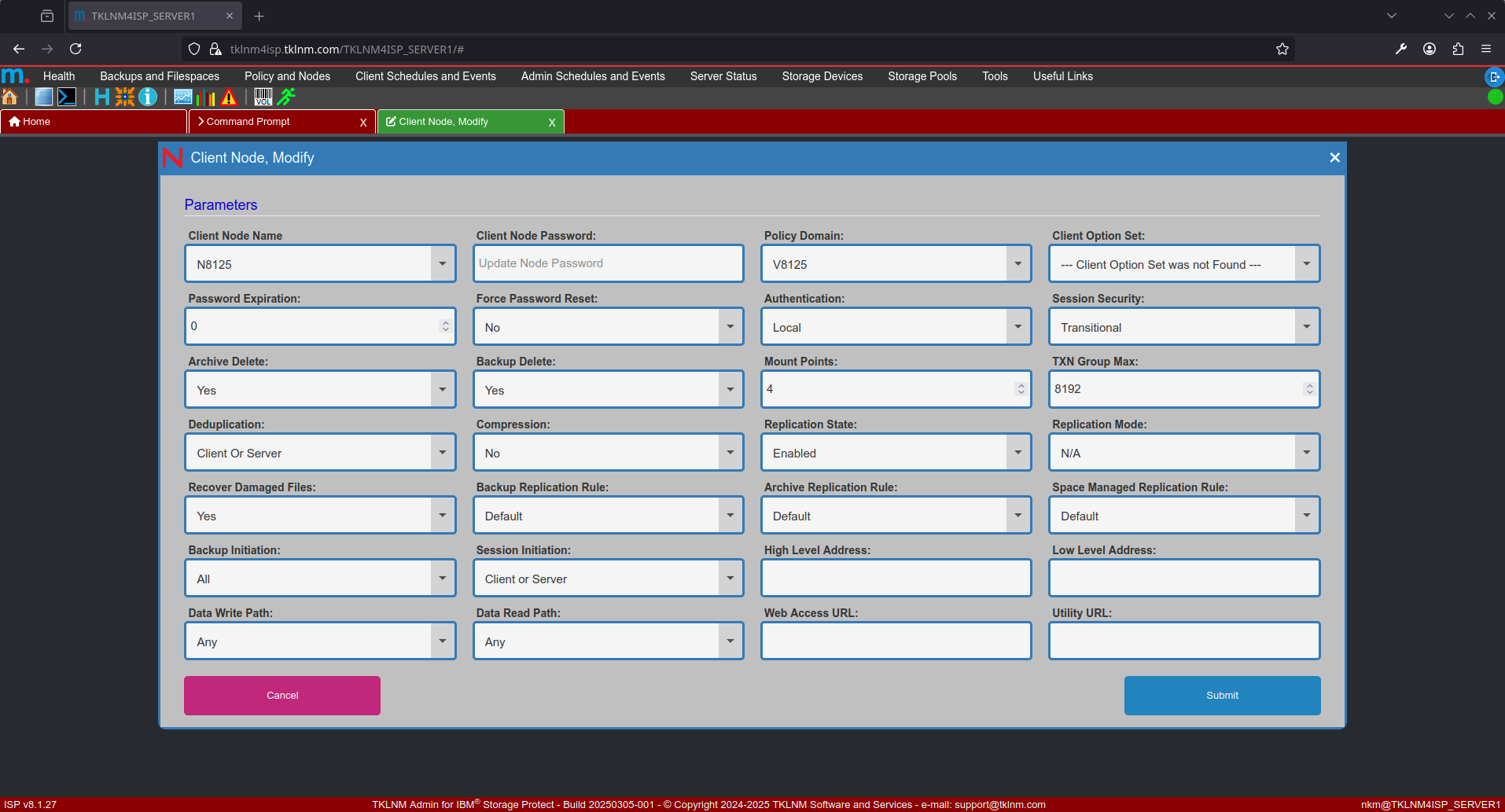 Storage Protect node modify wizard