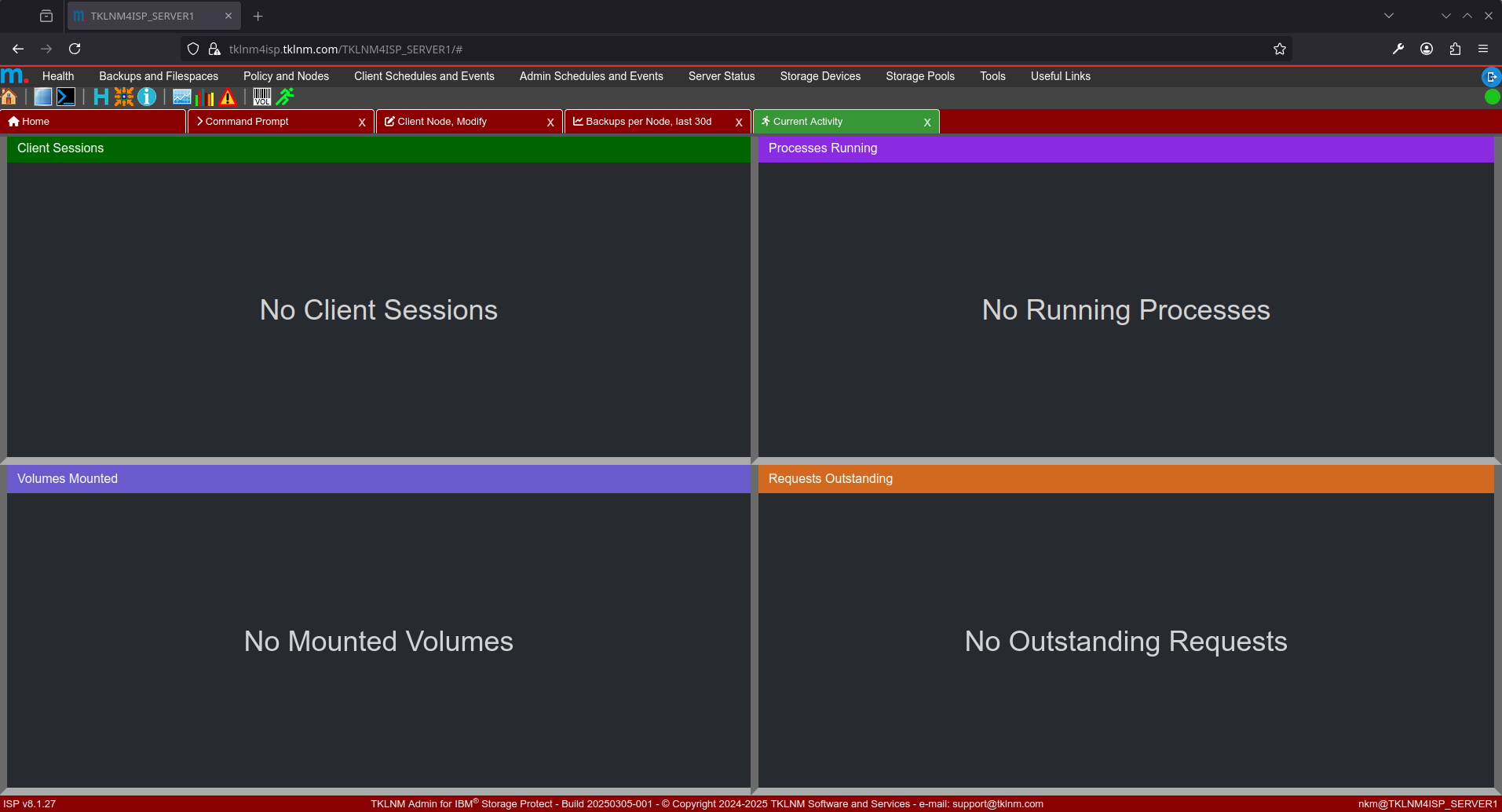 Show Storage Protect sessions, processes, tape volume mounts and pending requests